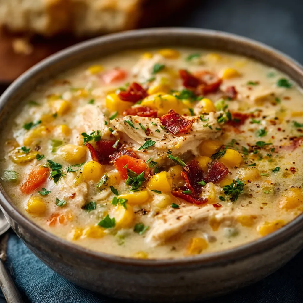 Creamy crockpot chicken corn chowder simmers in a slow cooker, showcasing a cozy and comforting meal perfect for a cold day.