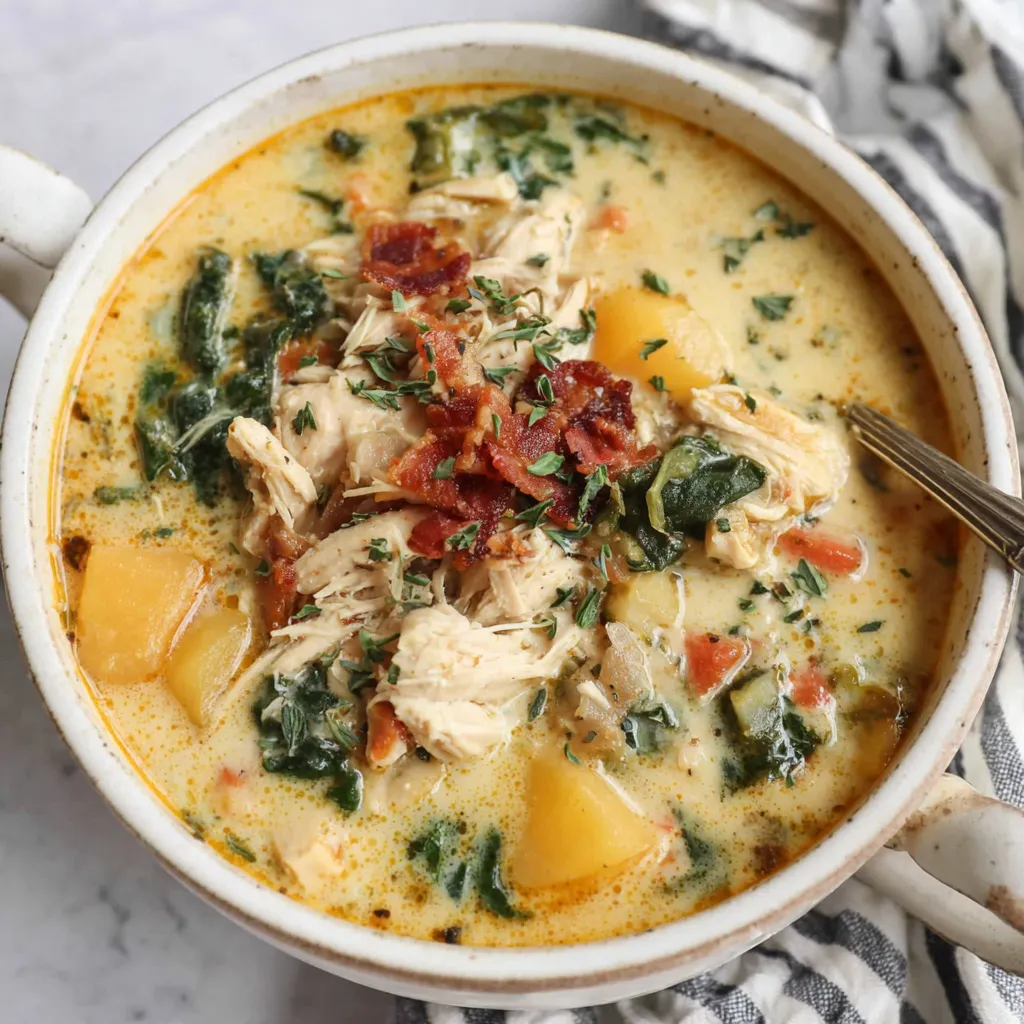 Creamy chicken butternut squash soup is served in a white bowl, garnished with fresh herbs and a swirl of cream, showcasing its rich texture and comforting flavors.