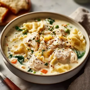 Creamy white chicken lasagna soup served in a white bowl, showcasing the cozy and comforting recipe.