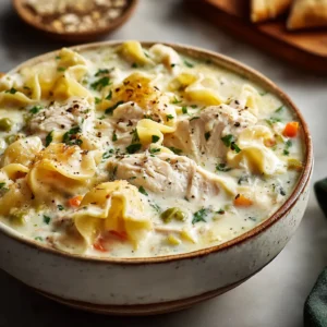 Creamy white chicken lasagna soup served in a white bowl, showcasing a comforting and cozy meal perfect for a delicious dinner.