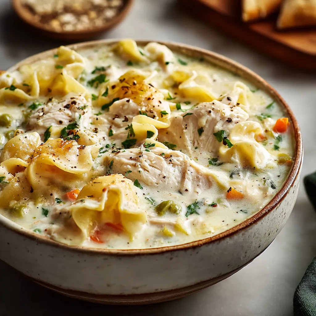 Creamy white chicken lasagna soup served in a white bowl, showcasing a comforting and cozy meal perfect for a delicious dinner.