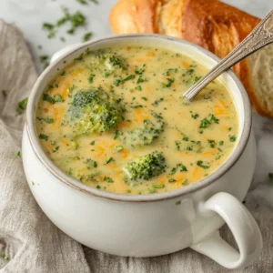 Creamy broccoli cheddar soup, a comforting and nutritious high-protein meal, is shown as a featured image.