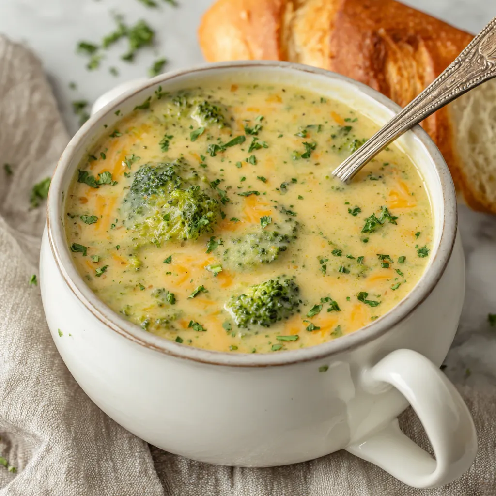 Creamy broccoli cheddar soup, a comforting and nutritious high-protein meal, is shown as a featured image.