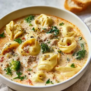 Creamy tortellini soup simmers in a pot, showcasing a comforting and easy one-pot meal perfect for a weeknight dinner.