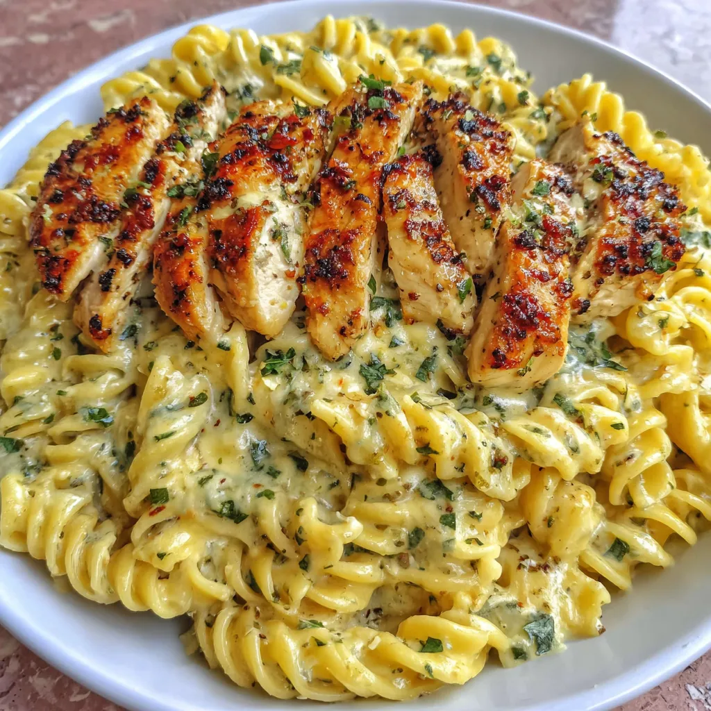 Creamy Garlic Parmesan Chicken Pasta served in a white bowl showcases this easy 30-minute dinner recipe.