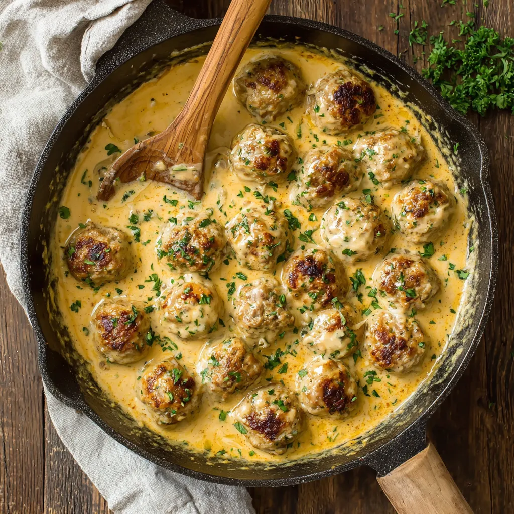 Creamy parmesan turkey meatballs are shown in a skillet, highlighting this easy dinner recipe.