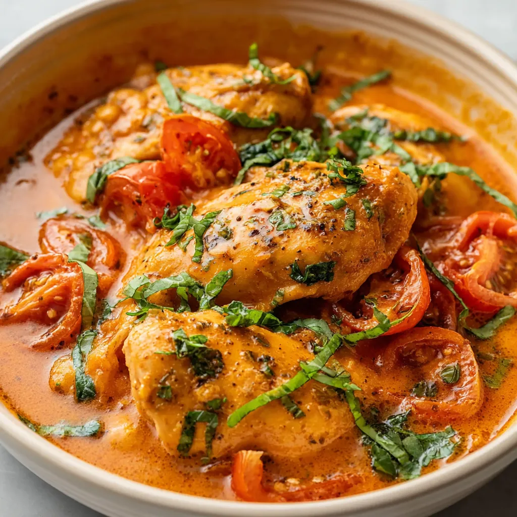 Slow cooker creamy tomato basil chicken, an irresistible comfort food recipe, simmering in a pot.