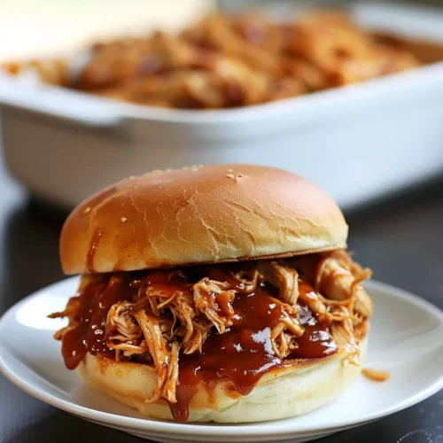 Easy crockpot BBQ chicken is shown in a slow cooker, ready to be served.