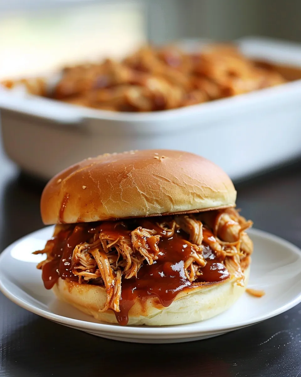 Easy crockpot BBQ chicken is shown in a slow cooker, ready to be served.