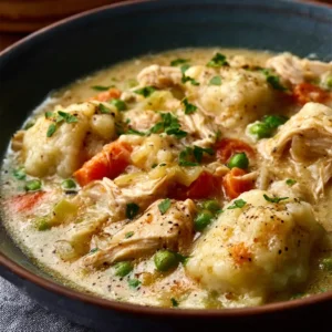 Delicious Crockpot Chicken And Dumplings are shown as a comforting and easy meal.