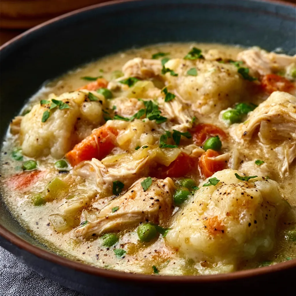 Delicious Crockpot Chicken And Dumplings are shown as a comforting and easy meal.