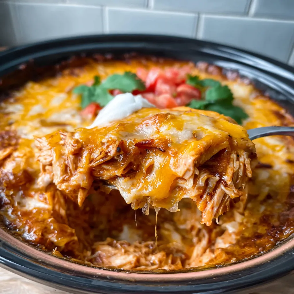 Hearty crockpot chicken enchilada casserole, a comforting and cheesy dish, is featured as the perfect easy meal.
