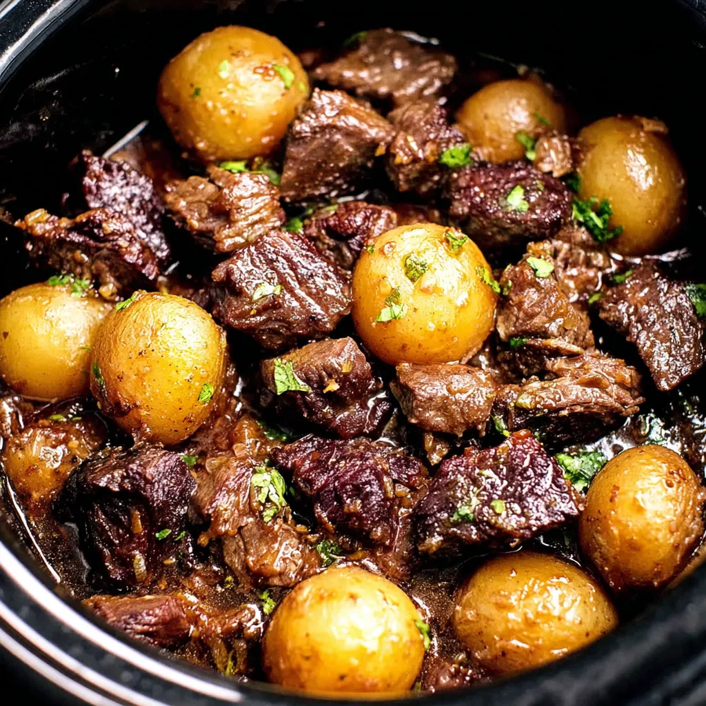 Crockpot garlic butter beef bites with potatoes are a simple and delicious comfort food meal cooked in a slow cooker, showcasing tender beef and flavorful potatoes.