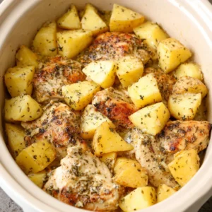 Easy garlic parmesan crockpot chicken and potatoes, a simple and delicious one-pot meal, are featured in this recipe image.
