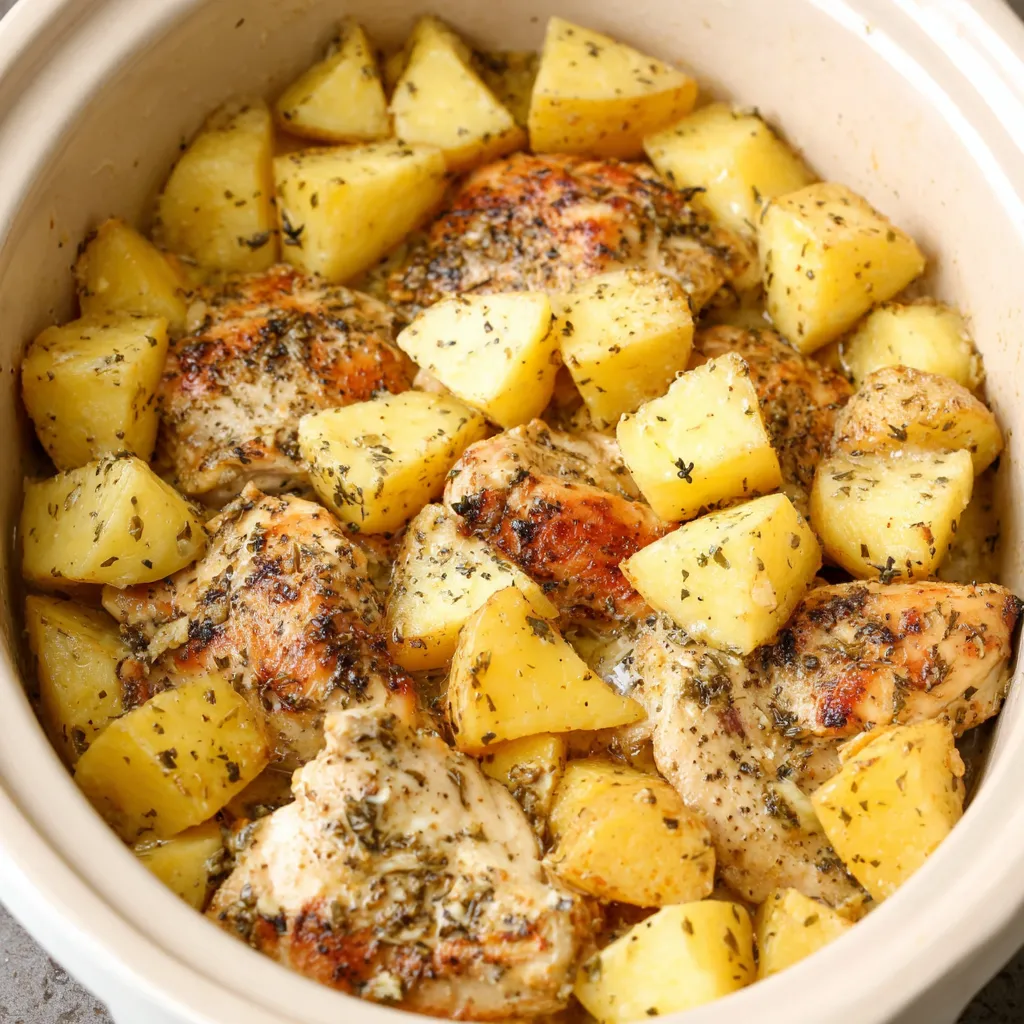 Easy garlic parmesan crockpot chicken and potatoes, a simple and delicious one-pot meal, are featured in this recipe image.