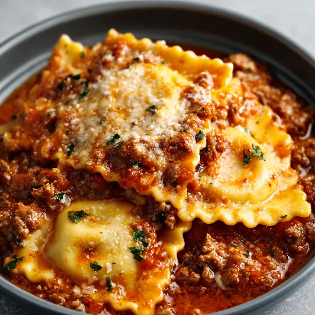 Easy Crockpot Ravioli Lasagna featured image shows a bubbling, cheesy lasagna made with ravioli noodles in a slow cooker, perfect for a simple and delicious weeknight meal.