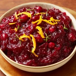 A vibrant close-up showcasing a delicious, quickly-made cranberry sauce, perfect for adding a sweet and tangy flavor to your holiday meals.