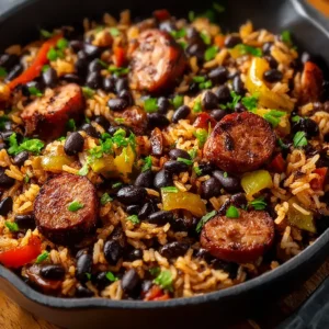 A vibrant plate of Black Beans And Rice With Sausage is presented as a featured image.