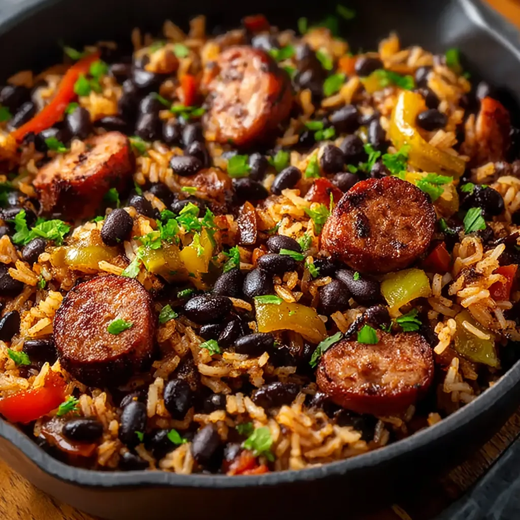 A vibrant plate of Black Beans And Rice With Sausage is presented as a featured image.