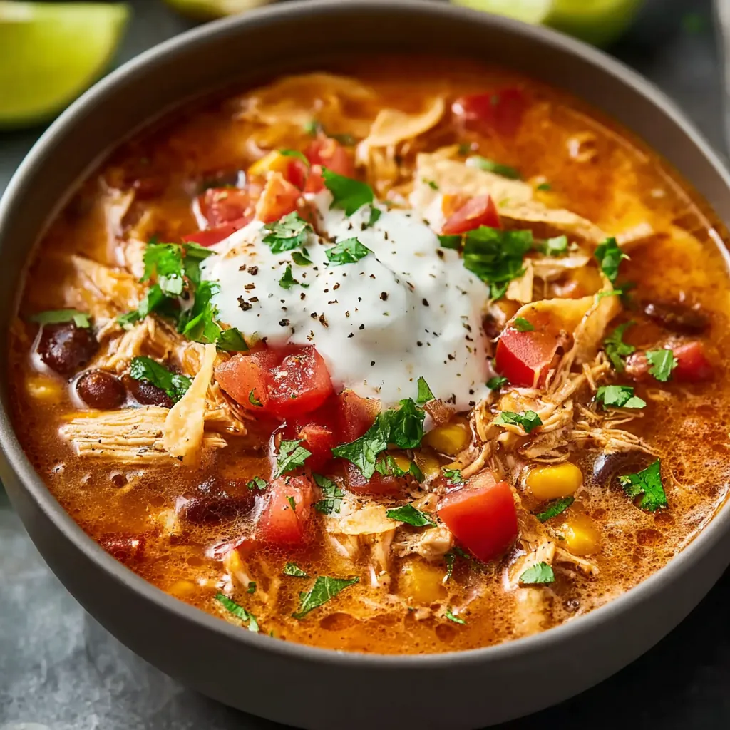 A bowl of hearty Chicken Taco Soup is presented as a flavorful and comforting meal.