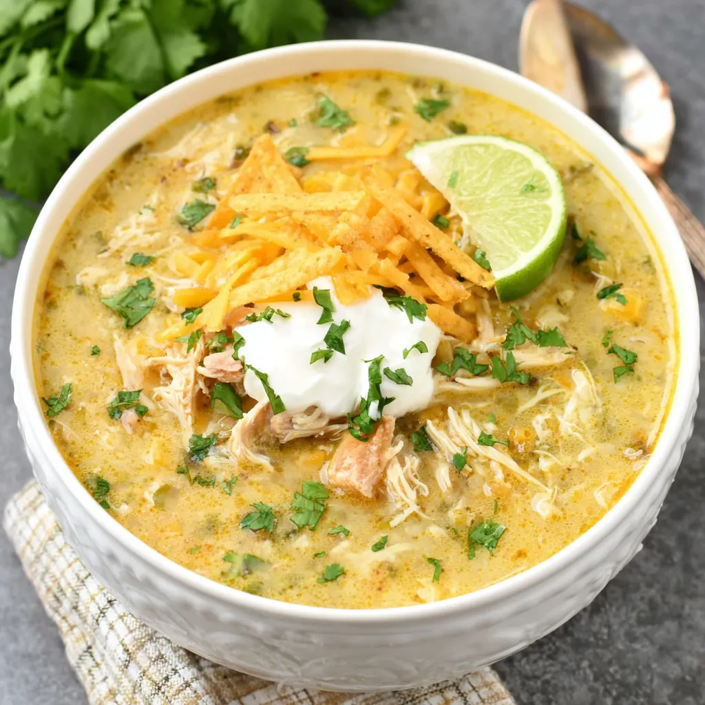 Easy green chile chicken enchilada soup is shown in a bowl, garnished with cilantro and a dollop of sour cream, making it a comforting and flavorful meal.