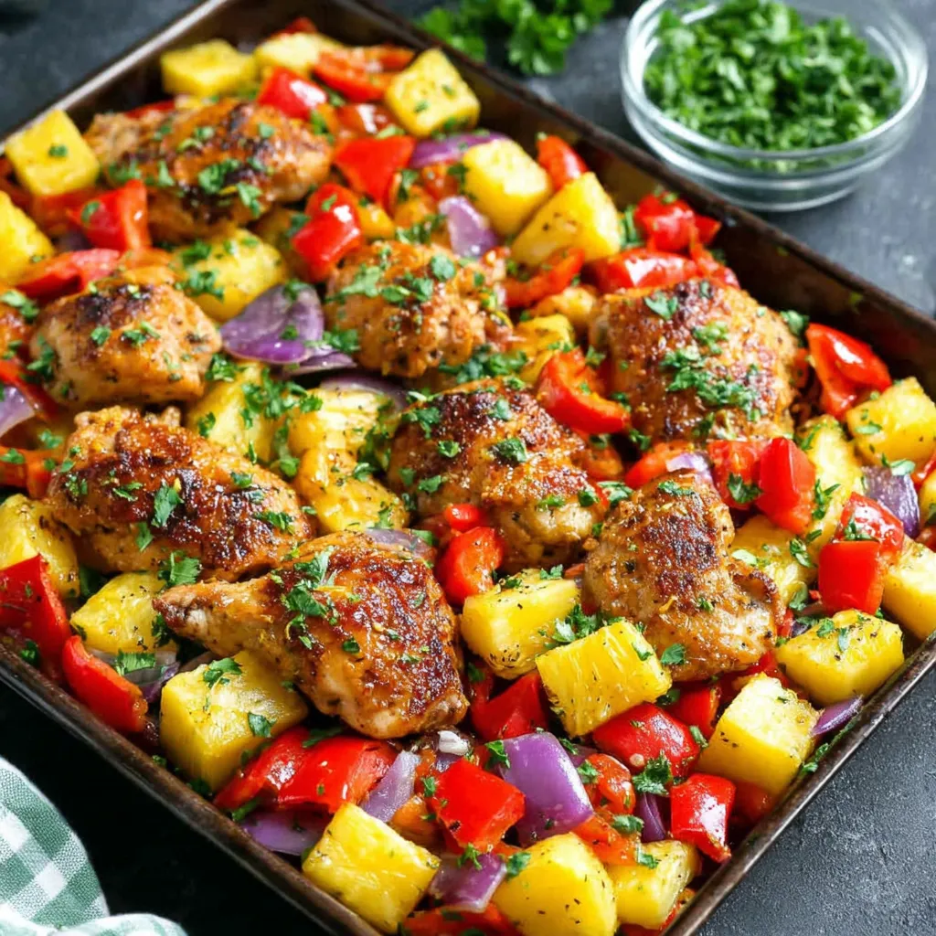 Easy Hawaiian chicken sheet pan features colorful pineapple, bell peppers, and juicy chicken thighs baked to perfection on a single pan, making for a quick and delicious weeknight meal.