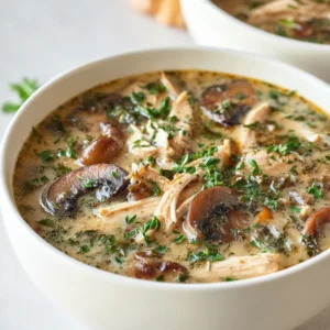 Close-up of a creamy and comforting bowl of Rotisserie Chicken Mushroom Soup, perfect for a cozy meal.