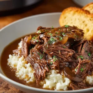 Slow cooker beef Manhattan featuring tender shredded beef, creamy mashed potatoes, and rich gravy offers a comforting and easy weeknight meal.