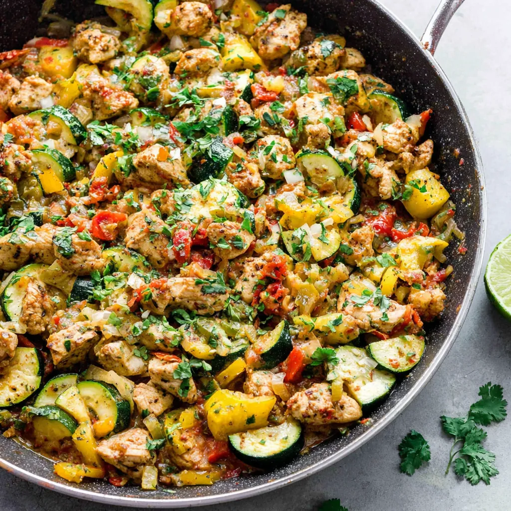 Close-up shows a flavorful Tex Mex Chicken And Zucchini Skillet, highlighting the vibrant colors of chicken, zucchini, corn, and spices.