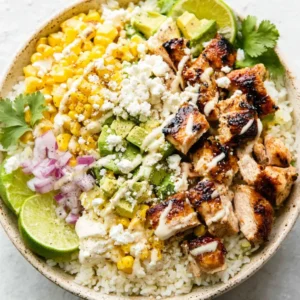 Street corn chicken rice bowl recipe. Grilled chicken, rice, and elote.