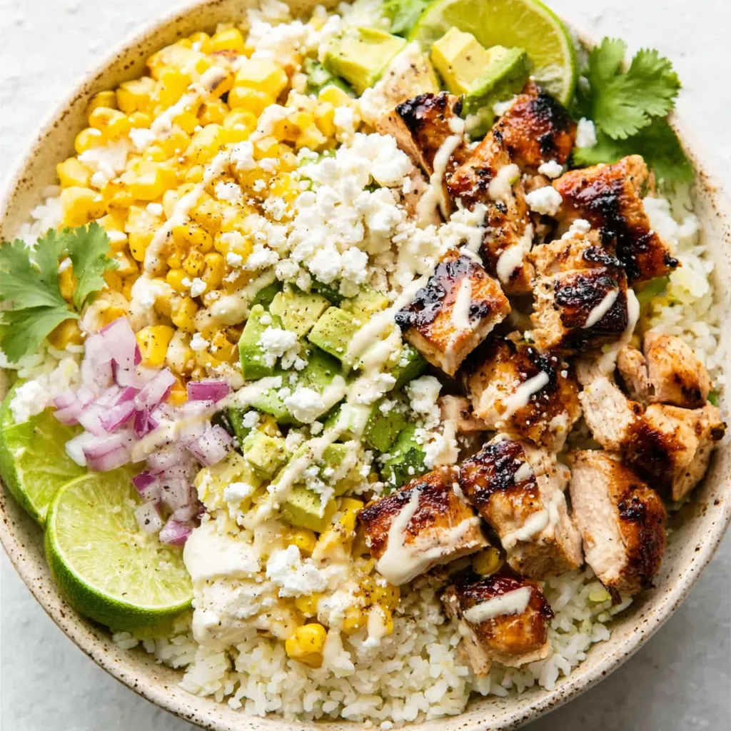 Street corn chicken rice bowl recipe. Grilled chicken, rice, and elote.