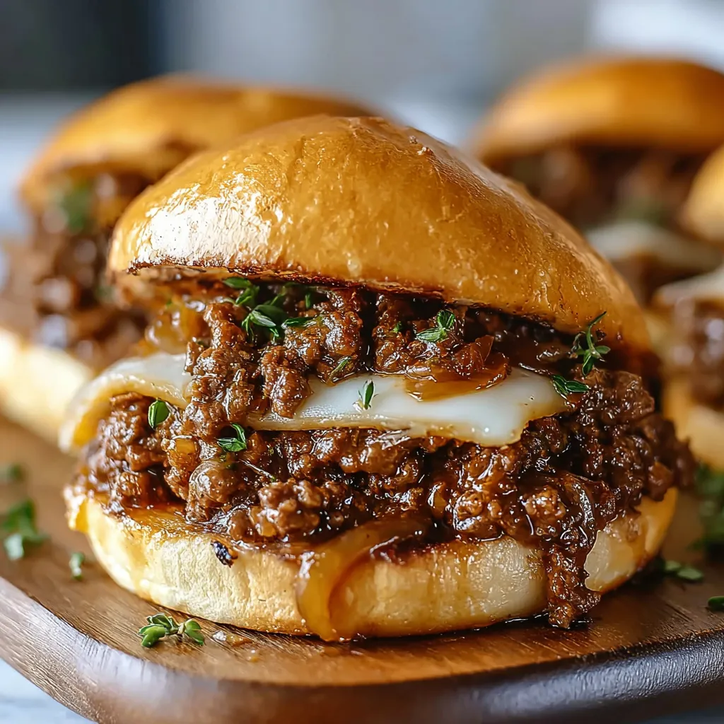 Irresistible French Onion Beef Sloppy Joes overflow from a toasted bun, showcasing the messy perfection of this delicious recipe.