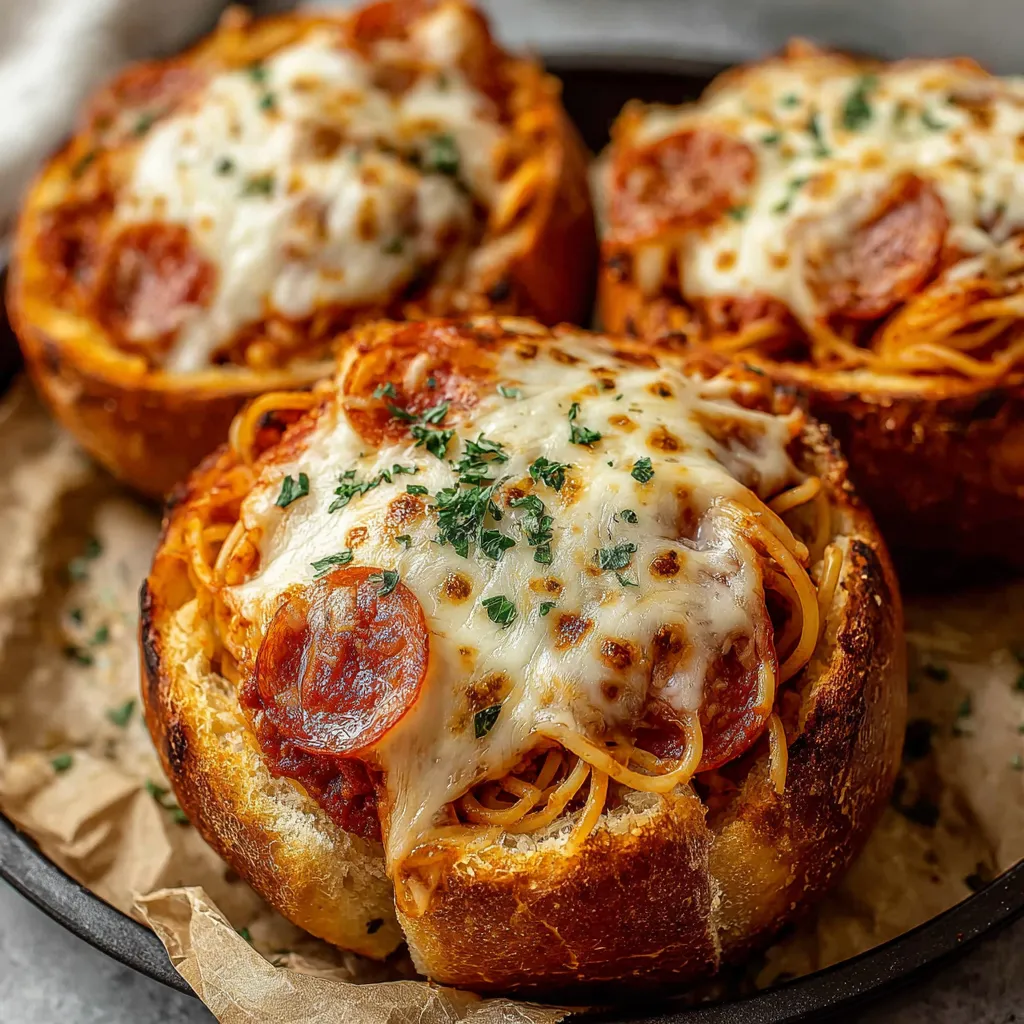 A carbolicious spaghetti garlic bread bowl overflows with pasta, cheese, and herbs, tempting viewers with its cheesy, garlicky goodness.