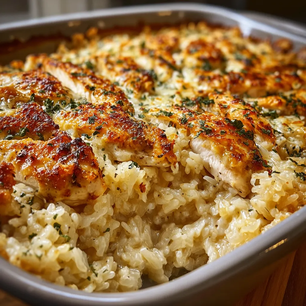 Irresistible garlic butter chicken rice casserole is a comforting and flavorful baked dish perfect for a weeknight dinner, showcasing the creamy texture and golden-brown top.