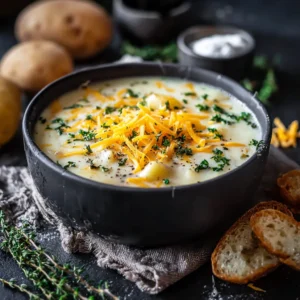 Creamy Garlic Cheddar Potato Soup is displayed in a bowl, showcasing its rich texture and cheesy topping, making it a comforting and delicious meal.