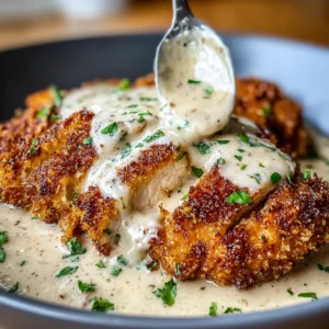 Crispy Parmesan chicken drizzled with creamy garlic sauce offers a delicious and easy dinner recipe.
