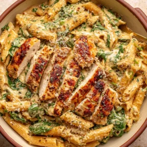 Creamy garlic parmesan chicken pasta, close-up shot.