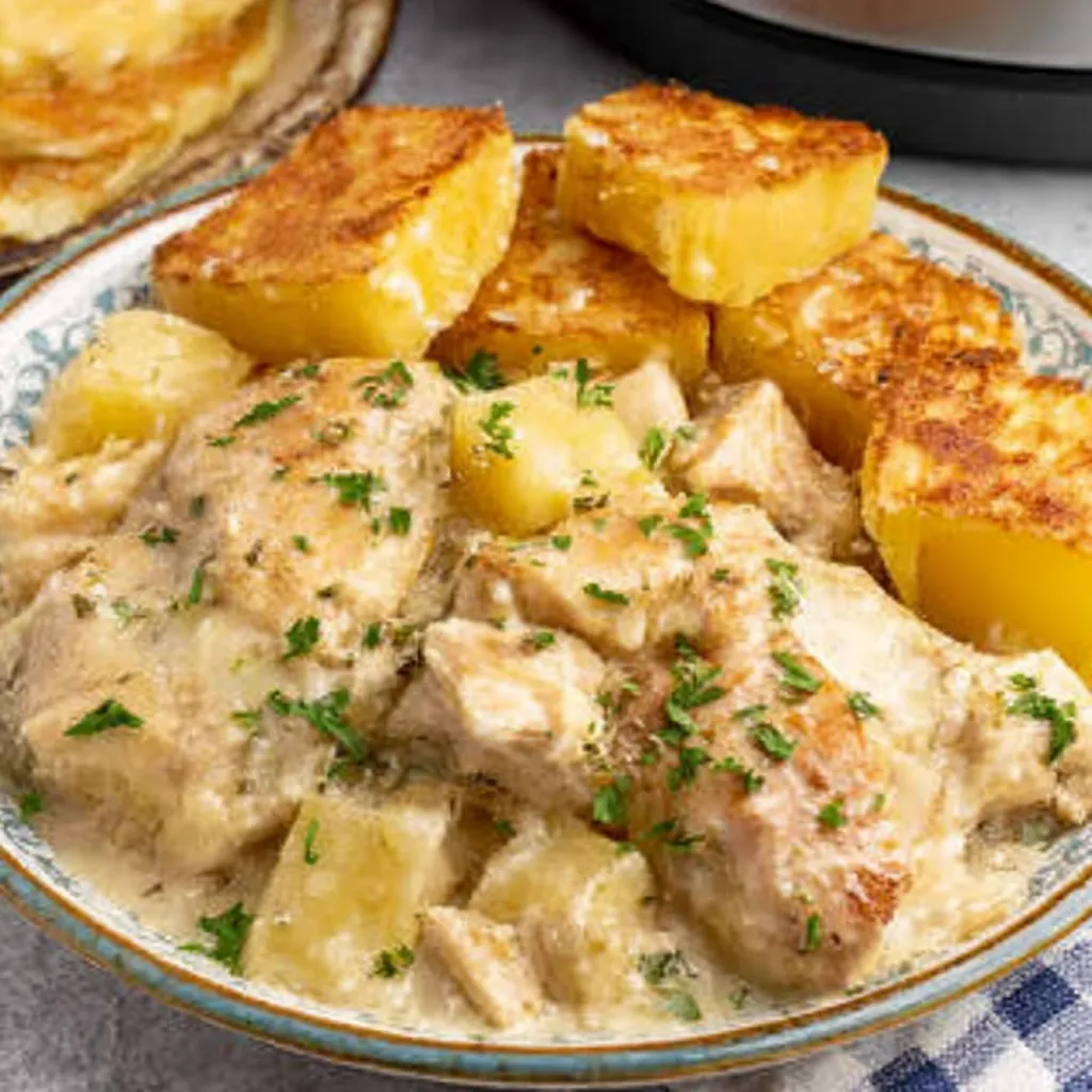 Easy garlic parmesan crockpot chicken and potatoes are shown cooked and ready to eat in a slow cooker, making for a delicious and simple weeknight meal.