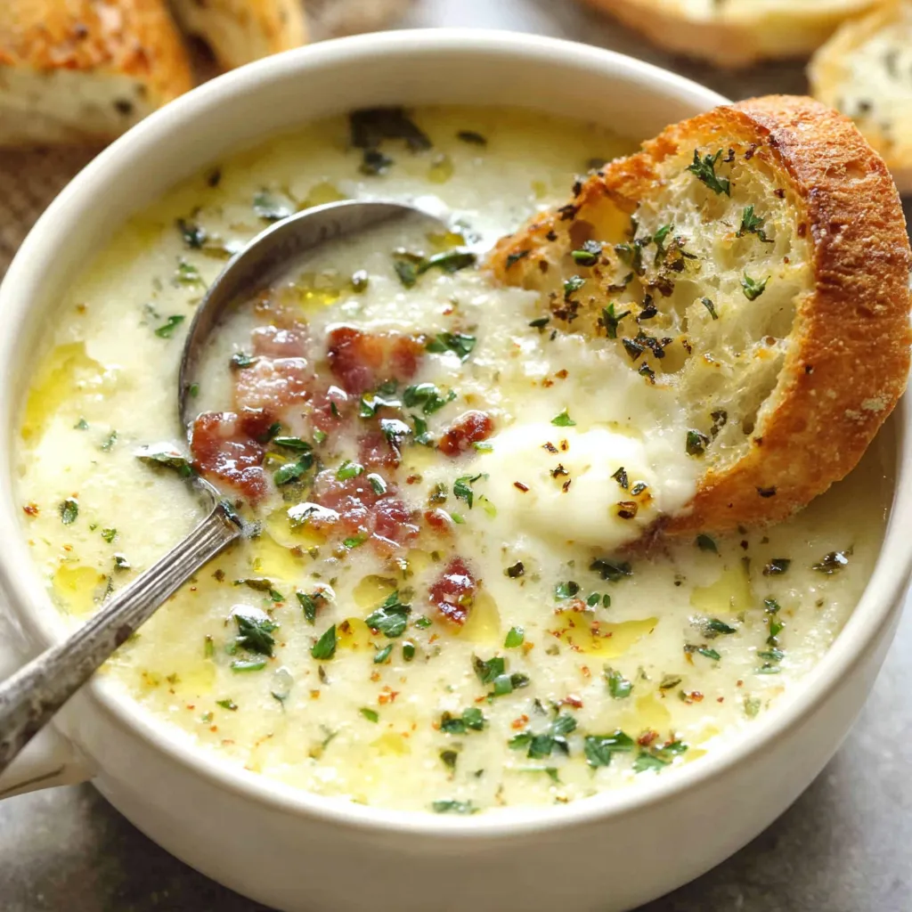 Country French garlic soup in a rustic bowl. Comforting soupe à l'ail.