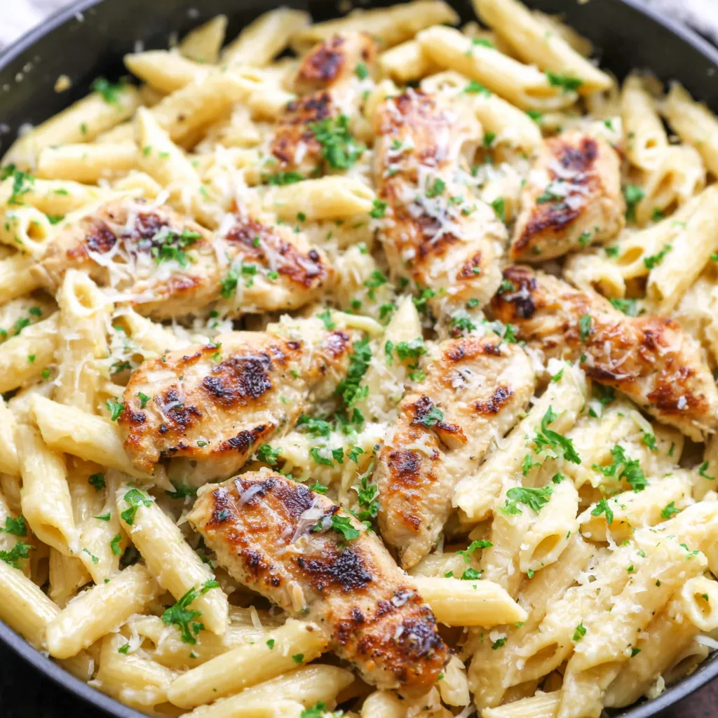 Easy healthy garlic parmesan chicken pasta recipe featured image showing a creamy and delicious pasta dish with chicken and parmesan.