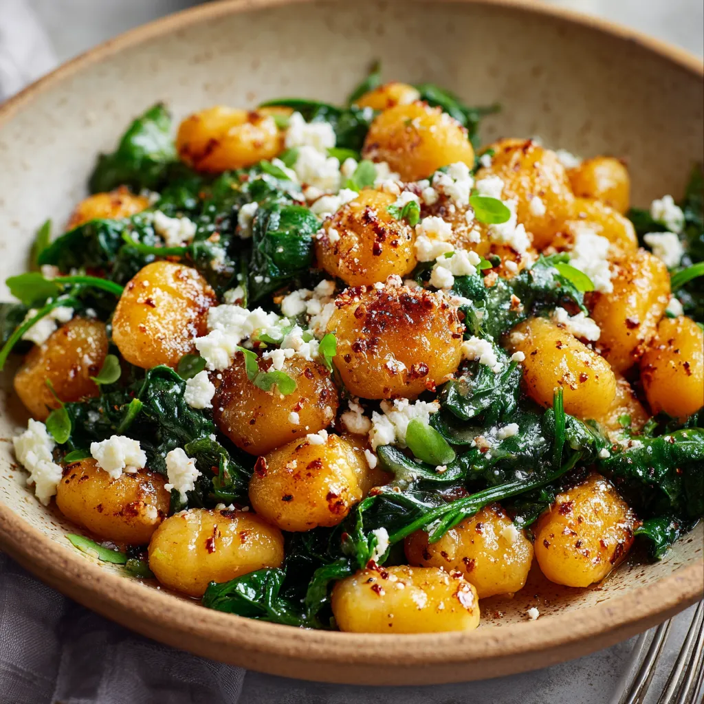 Crispy gnocchi with spinach and feta, a quick and easy 30-minute meal, is shown in a delicious featured image.