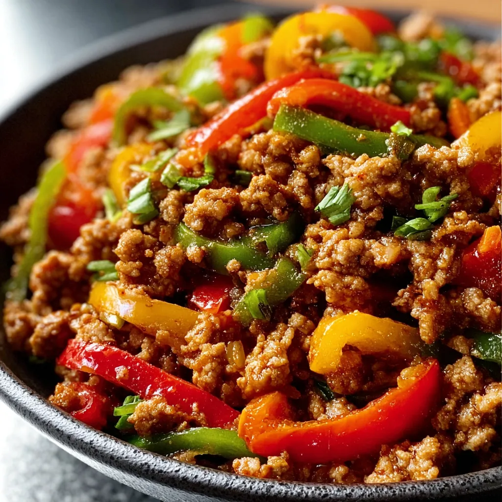 Ground Turkey And Peppers Stir-Fry is displayed as a vibrant and flavorful featured image showcasing the deliciousness of this healthy meal.