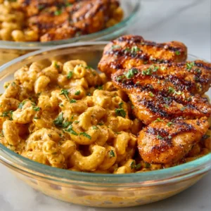 Honey Garlic High Protein Chicken Mac & Cheese features tender chicken, creamy mac and cheese, and a glistening honey garlic sauce.