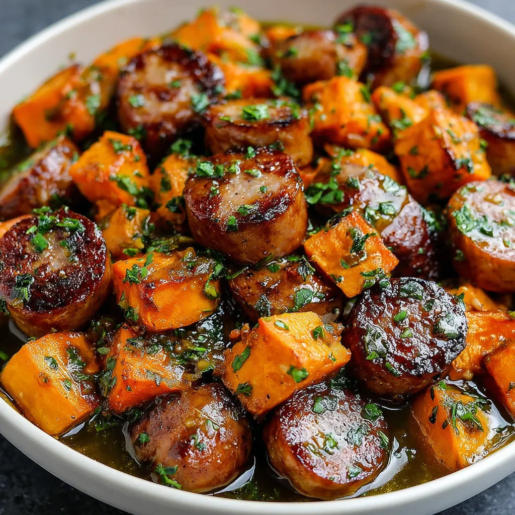 Honey garlic sausage and sweet potatoes are beautifully displayed in this featured image showcasing the delicious and easy recipe.
