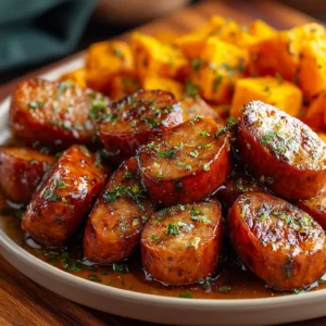 One-pan honey garlic sausage and sweet potatoes are oven-baked to a delicious golden brown, making for an easy weeknight meal.