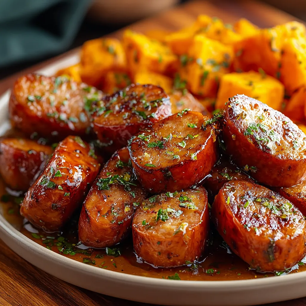 One-pan honey garlic sausage and sweet potatoes are oven-baked to a delicious golden brown, making for an easy weeknight meal.