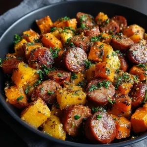 Sheet pan sausage and sweet potatoes with honey garlic sauce are beautifully arranged on a baking sheet, showcasing the vibrant colors and delicious combination of savory and sweet flavors.