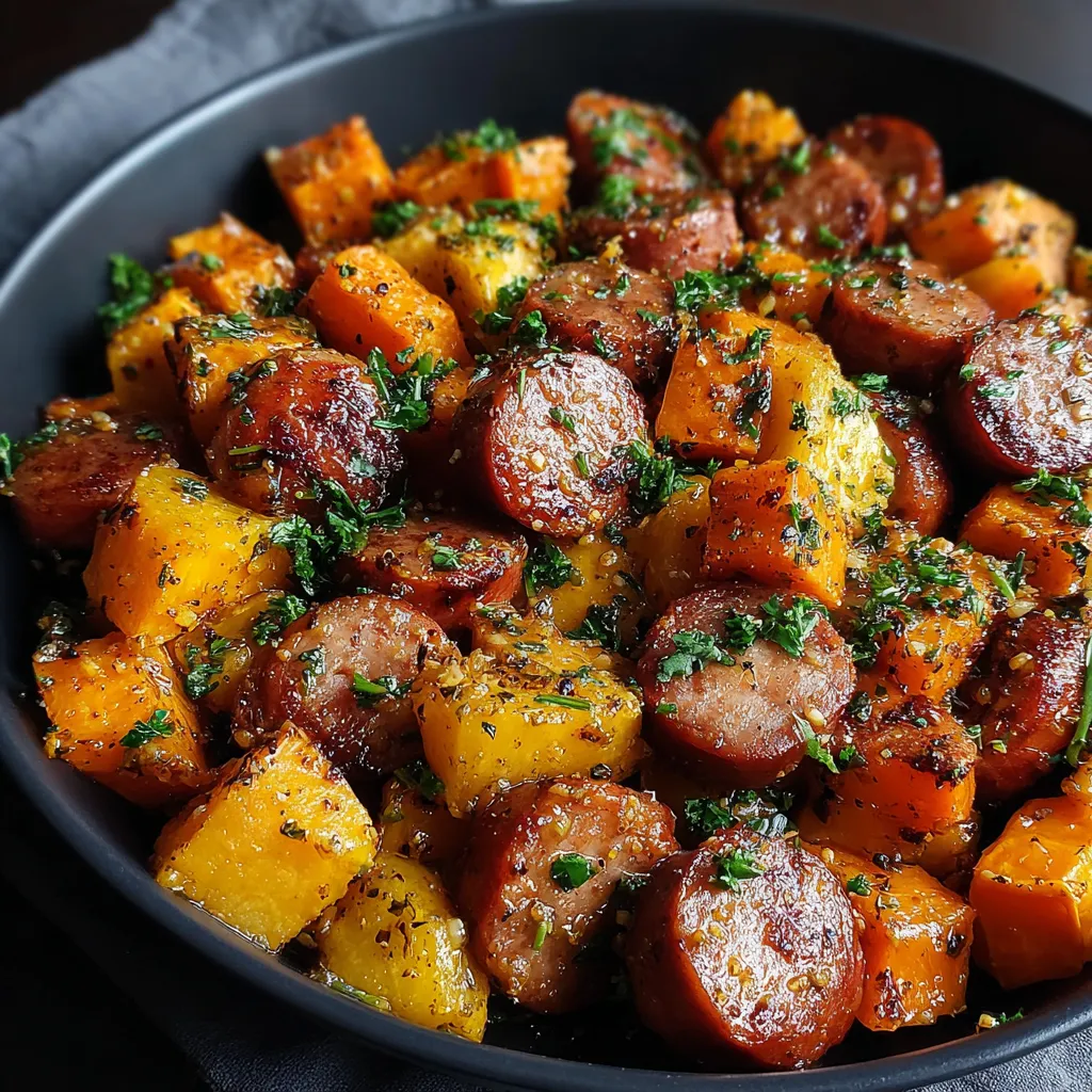 Sheet pan sausage and sweet potatoes with honey garlic sauce are beautifully arranged on a baking sheet, showcasing the vibrant colors and delicious combination of savory and sweet flavors.