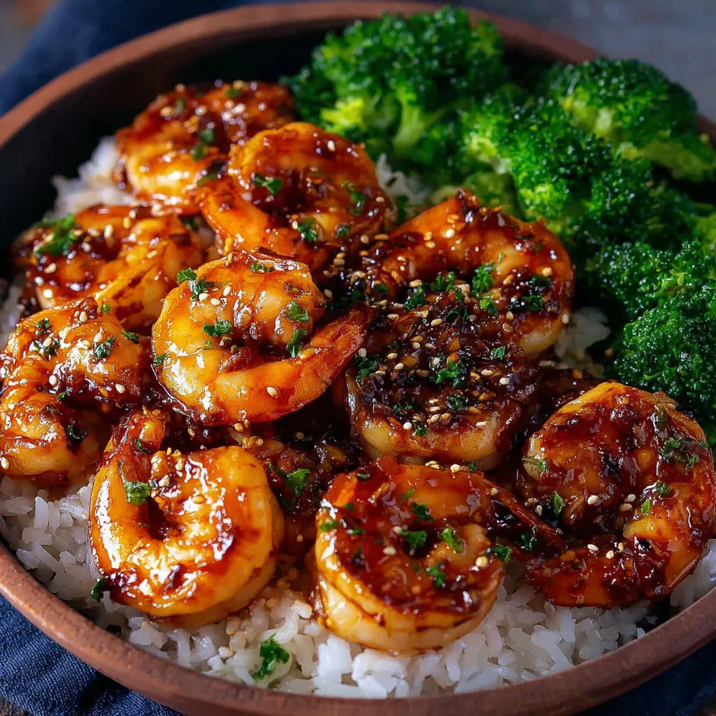 Honey Garlic Shrimp Bowls: Juicy shrimp with rice & vegetables.
