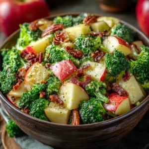 Honeycrisp apple broccoli salad features crisp broccoli florets and sweet Honeycrisp apple chunks, creating a refreshing and flavorful combination.